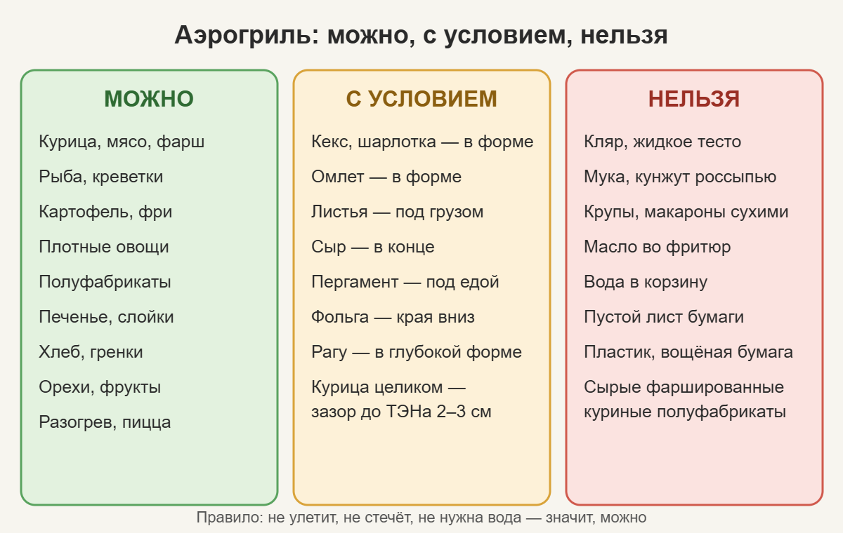 Схема: что можно, что с условием и что нельзя готовить в аэрогриле