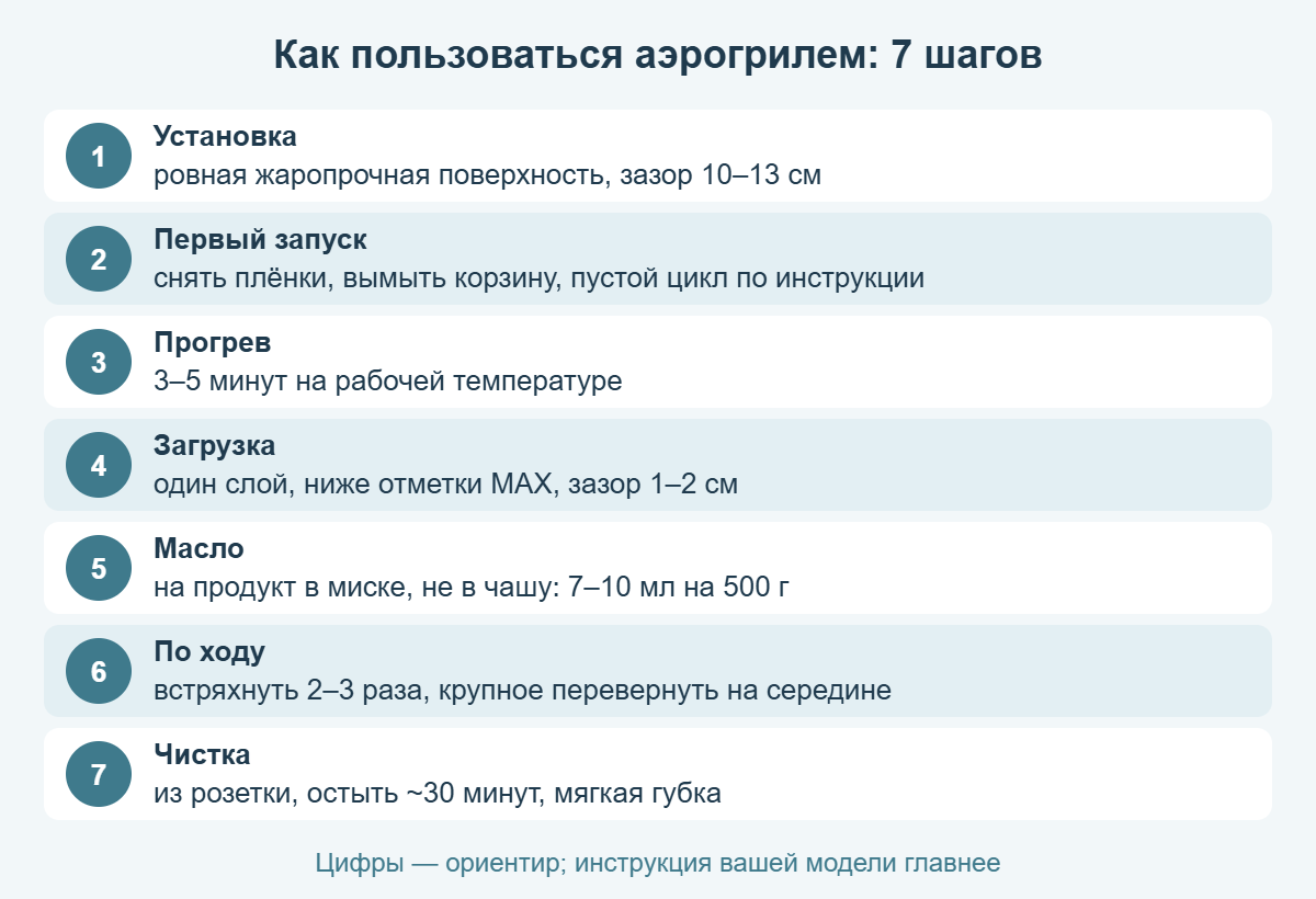 Схема: как пользоваться аэрогрилем за 7 шагов — от установки до чистки