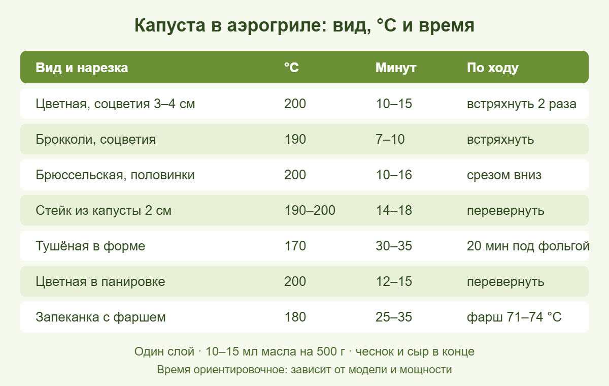 Шпаргалка: сколько готовить цветную капусту, брокколи и белокочанную в аэрогриле