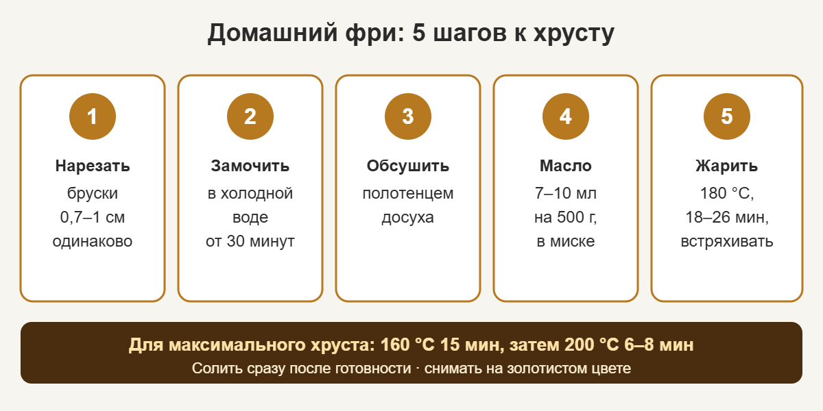 Пять шагов домашнего фри в аэрогриле: нарезать, замочить, обсушить, масло, жарить