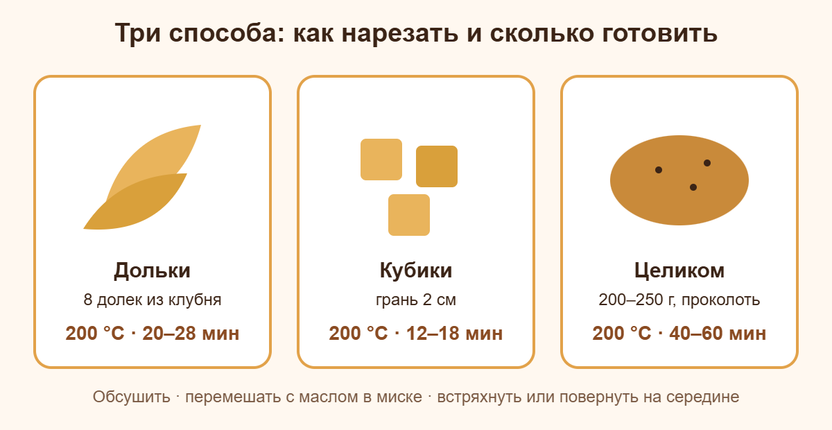 Три способа нарезки картошки для аэрогриля: дольки, кубики и целиком, с температурой и временем