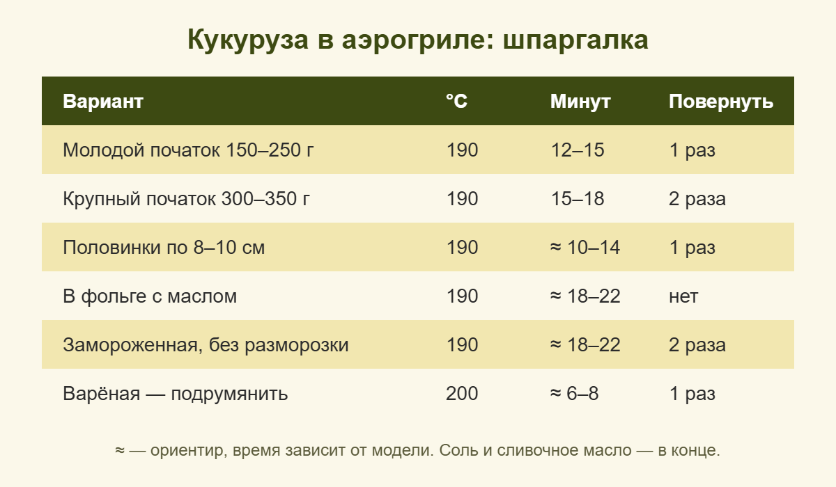 Шпаргалка: время и температура для кукурузы в аэрогриле — молодой, крупной, в фольге, замороженной и варёной