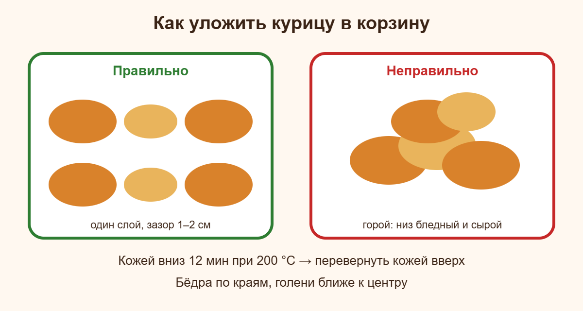 Как уложить курицу в корзину аэрогриля: один слой с зазором, а не горой