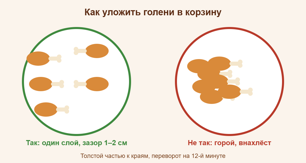 Как уложить голени в корзину аэрогриля: один слой с зазором, а не горой