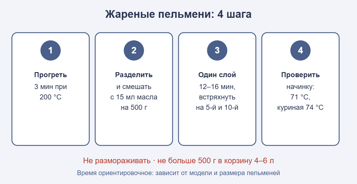 Как приготовить жареные пельмени в аэрогриле за 4 шага: прогрев, масло, один слой, проверка начинки