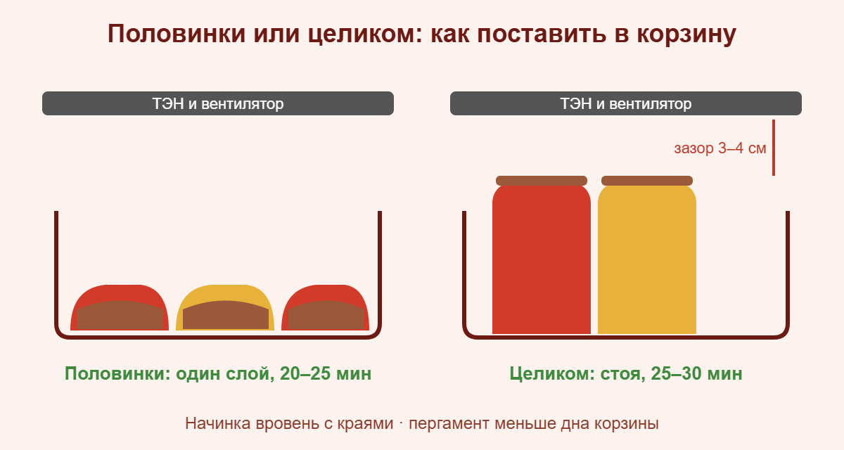 Фаршированные перцы в корзине аэрогриля: половинки в один слой и целые перцы стоя с зазором до ТЭНа