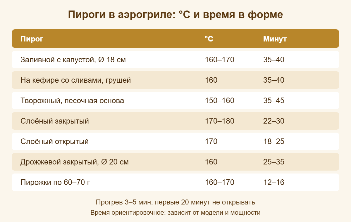 Шпаргалка: сколько печь заливной, творожный, слоёный и дрожжевой пирог в аэрогриле