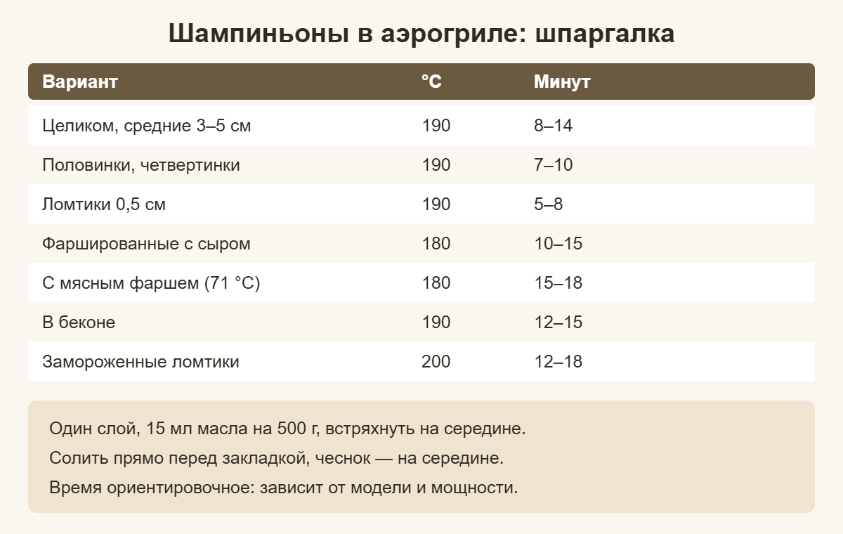 Шпаргалка: температура и время для шампиньонов в аэрогриле по способу нарезки