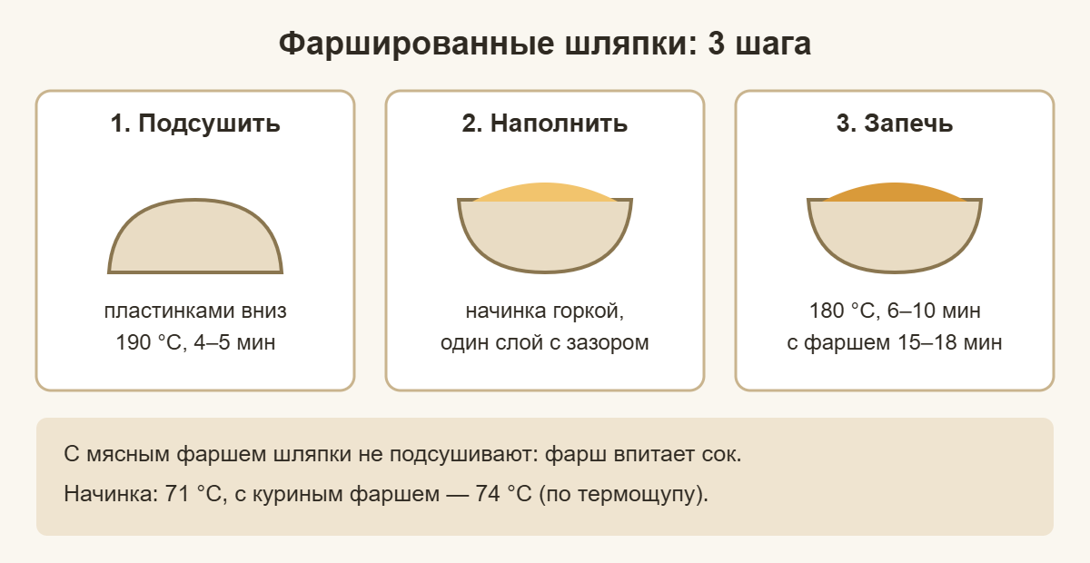Схема: как подсушить, наполнить и запечь фаршированные шляпки шампиньонов в аэрогриле