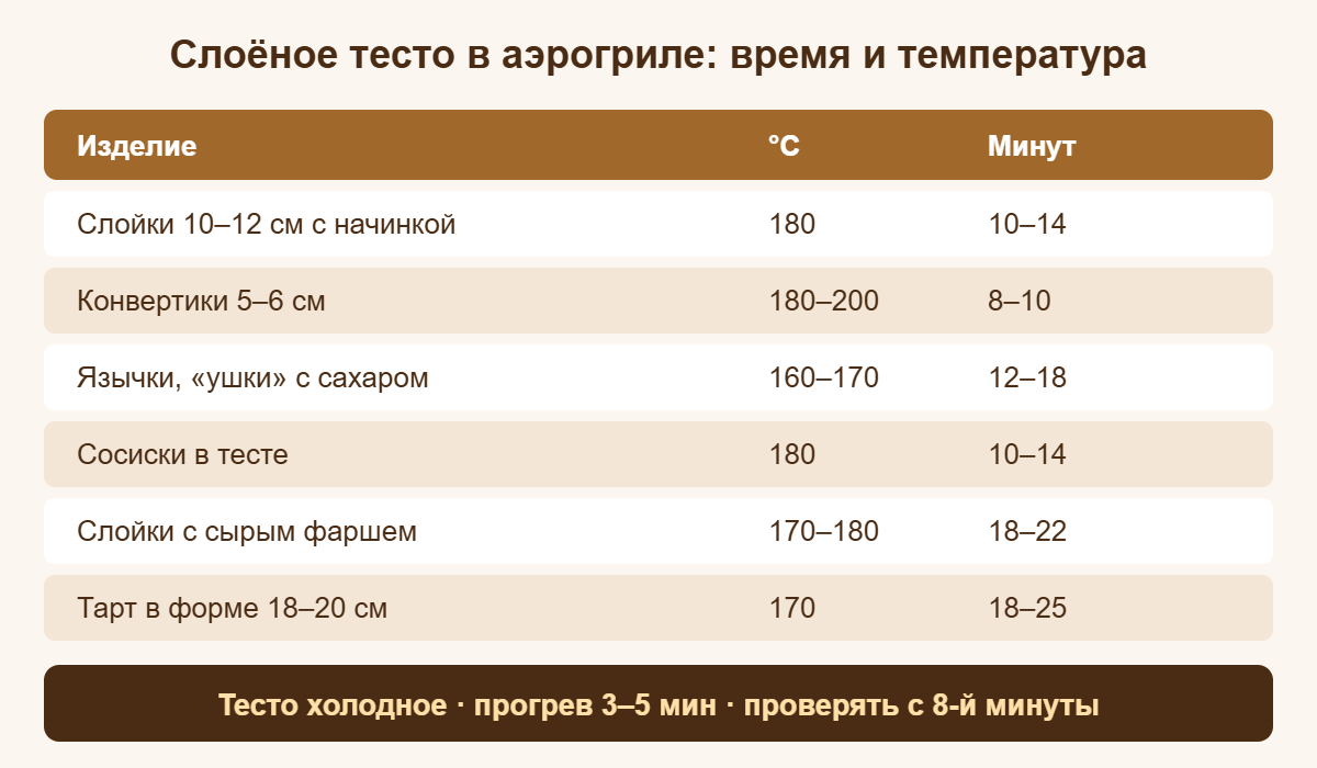 Шпаргалка: сколько печь изделия из слоёного теста в аэрогриле и при какой температуре