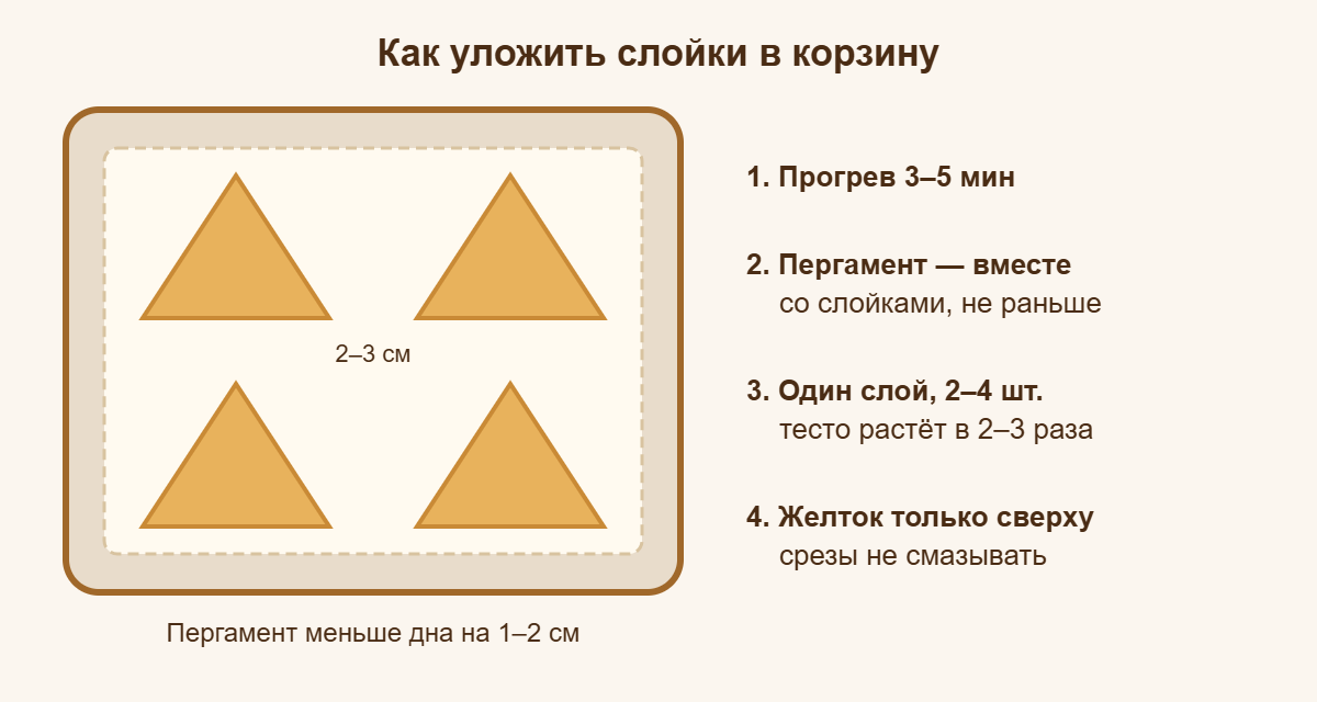 Как уложить слойки на пергамент в корзину аэрогриля с зазором