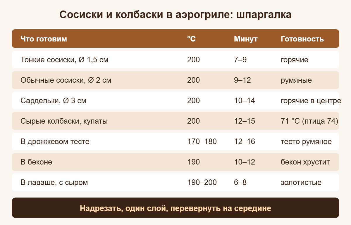 Шпаргалка: сколько готовить сосиски, сардельки и колбаски в аэрогриле и при какой температуре