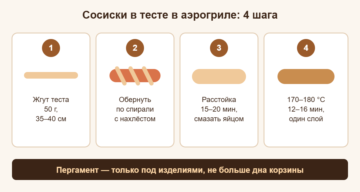 Как приготовить сосиски в тесте в аэрогриле: 4 шага от жгута теста до выпечки