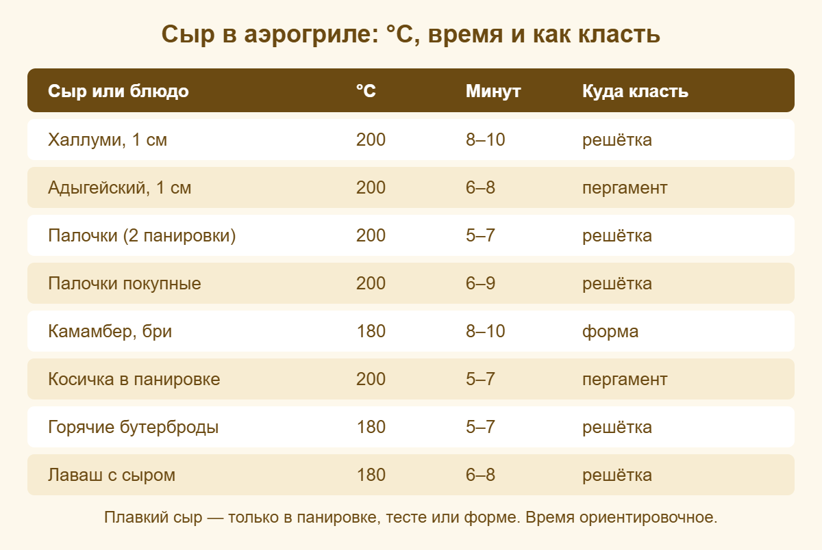 Шпаргалка: температура и время для разных видов сыра в аэрогриле