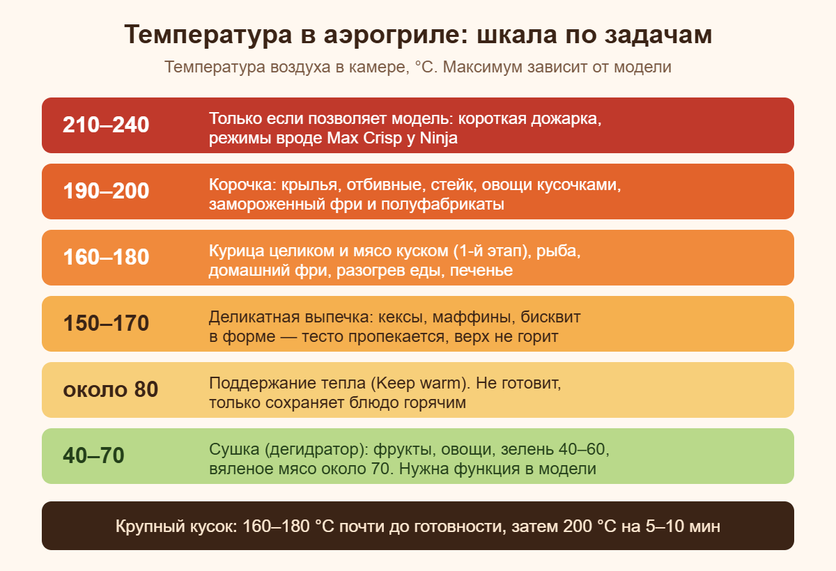 Шкала температуры в аэрогриле: 40–70 °C сушка, 150–170 °C выпечка, 160–180 °C мясо куском, 190–200 °C корочка