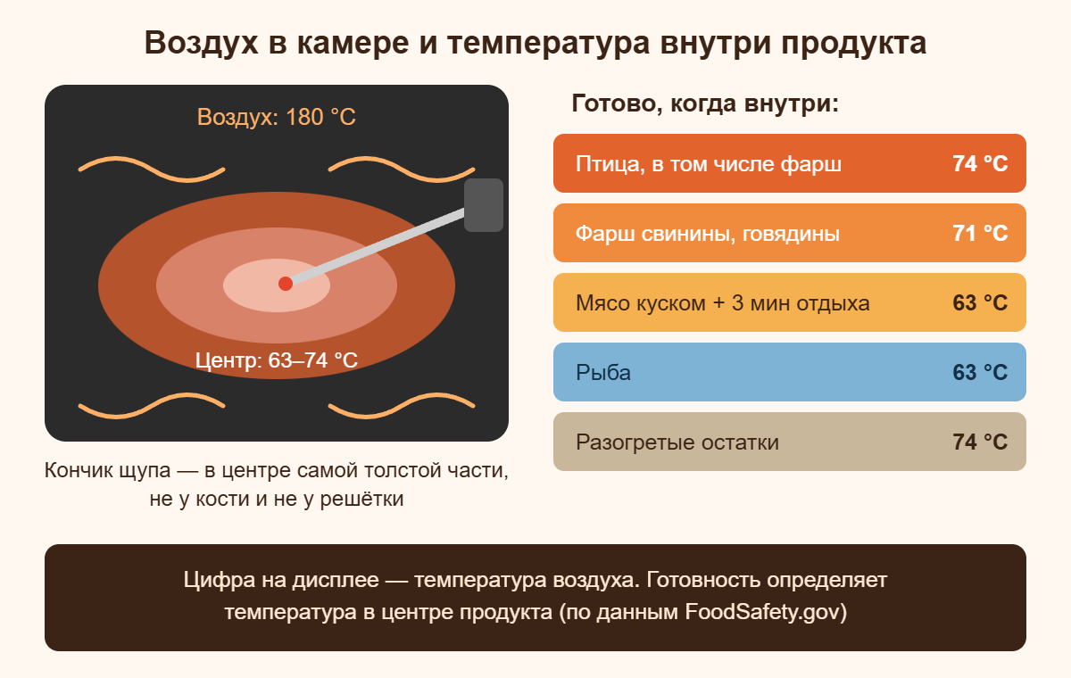 Температура воздуха в аэрогриле и температура внутри продукта: куда вводить термощуп и целевые значения для птицы, фарша, мяса и рыбы