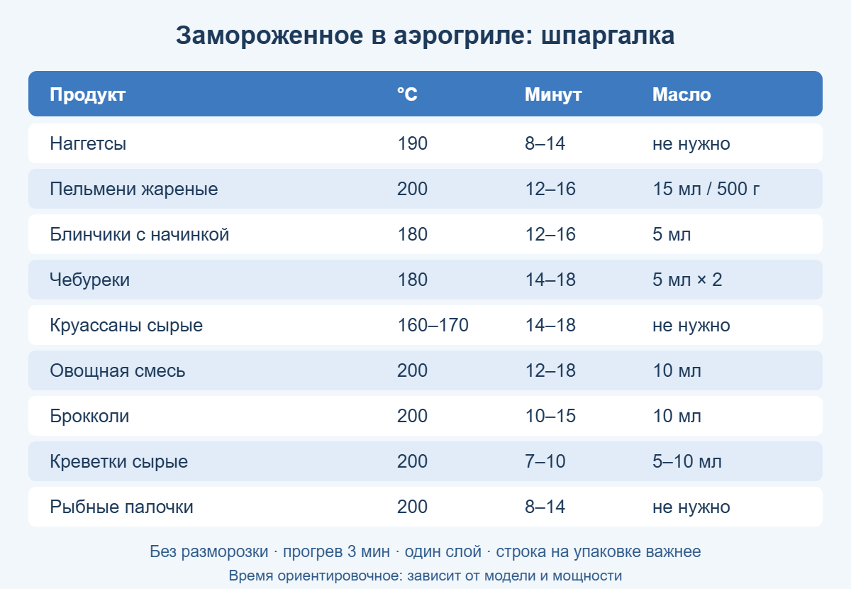Шпаргалка: температура, время и масло для замороженных полуфабрикатов в аэрогриле